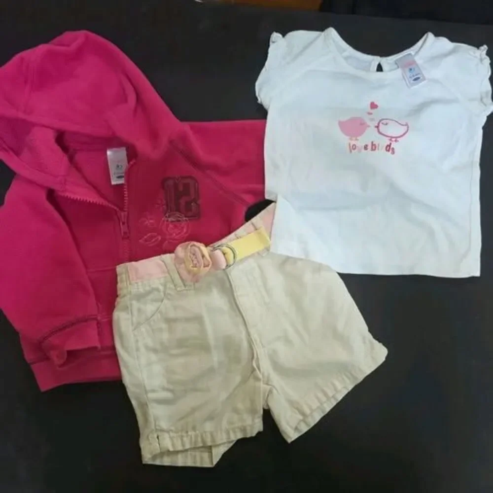 lot 3 Girl's 6-12-18 mo Old Navy pink fleece zip-up hoodie jacket shirt shorts